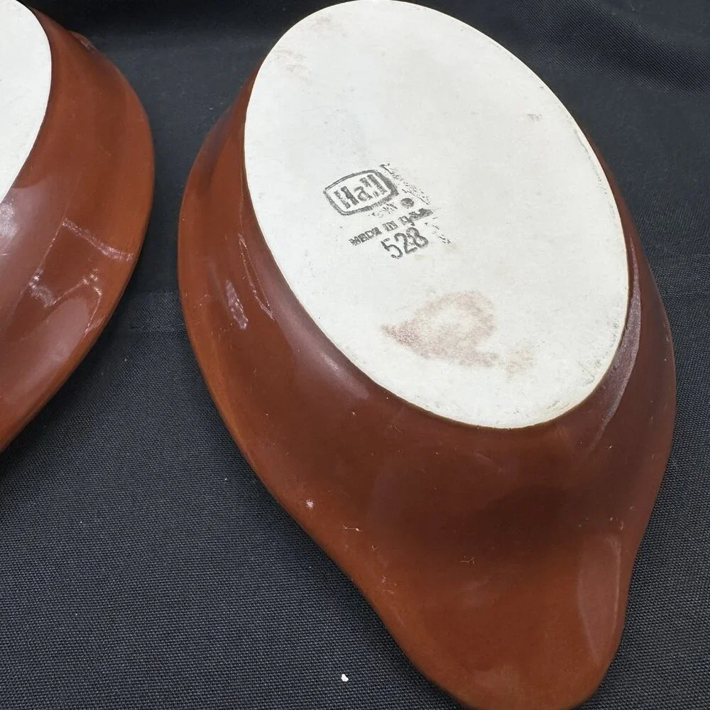 Oval Au Gratin Dishes Hall Pottery USA #528 Brown Shell Handle 9.5″ Vtg Set of 2